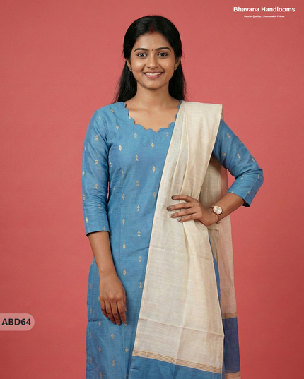 Raw Silk 3-Piece Kurti Set – Sky Blue | Full Length Lining with Elastic Bottom