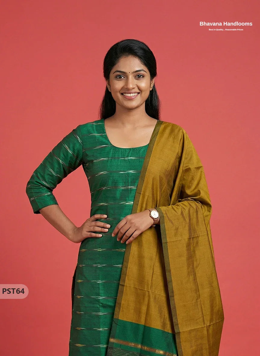 Pochampally Semi Pattu 3PC Kurti Set in Green Colour | Ready-to-Wear Ethnic Wear