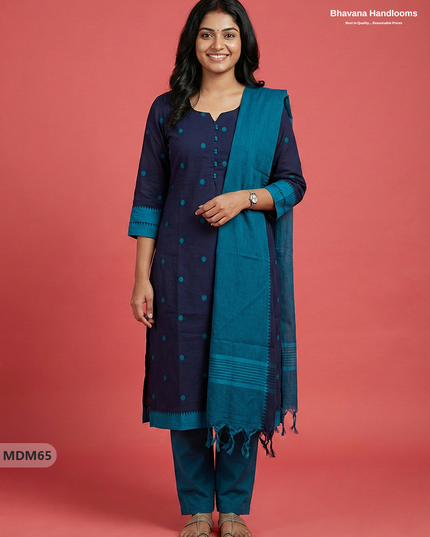 Mangalagiri Cotton 3PC Set with Full-Length Lining & Elastic Pocket Bottom – Indian Navy Blue