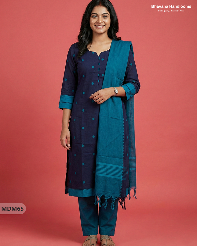Mangalagiri Cotton 3PC Set with Full-Length Lining & Elastic Pocket Bottom – Indian Navy Blue
