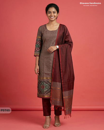 Pochampally Semi Pattu 3PC Kurti Set in Wine & Brown Colour | Ready-to-Wear Ethnic Wear