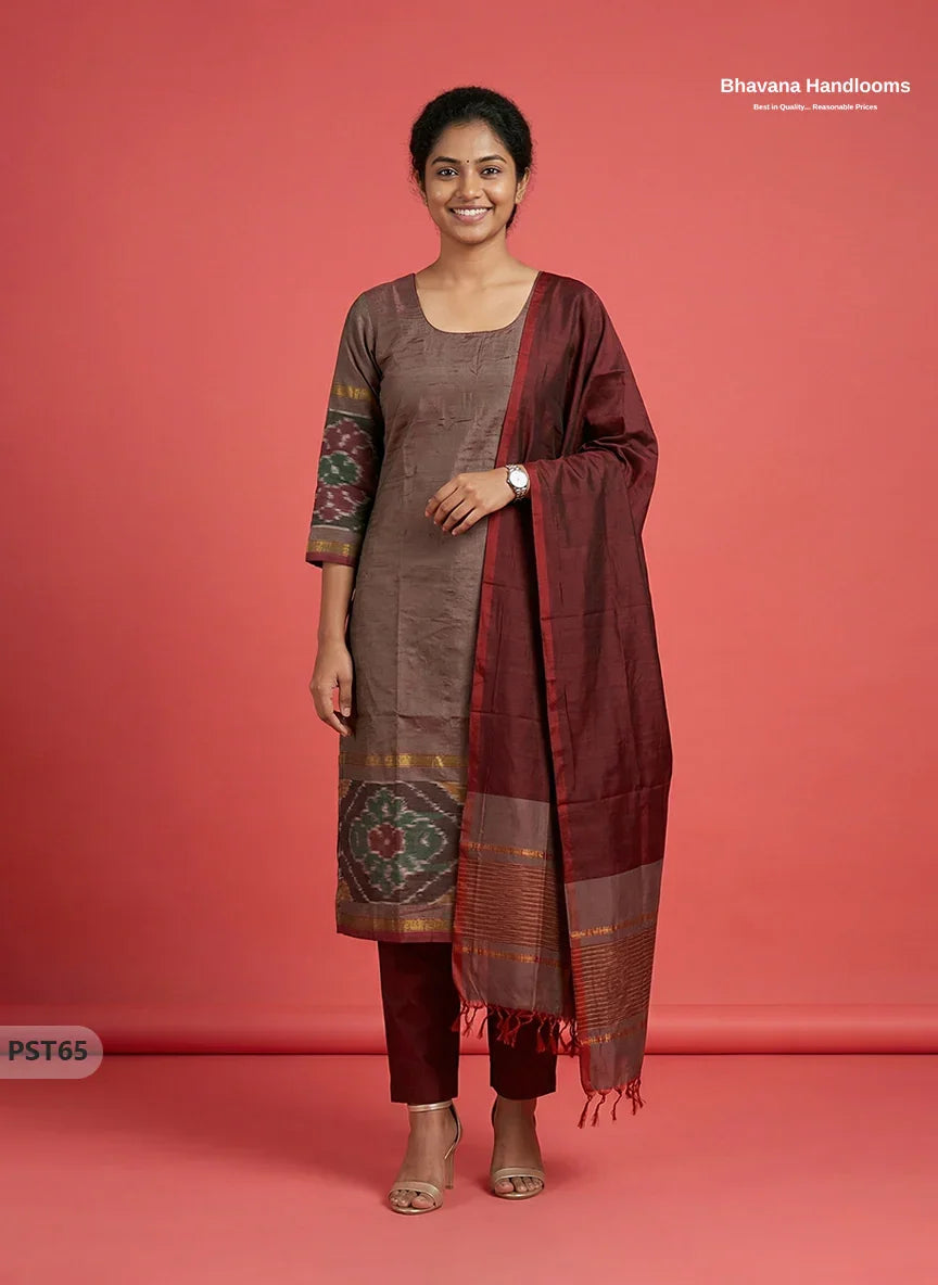 Pochampally Semi Pattu 3PC Kurti Set in Wine & Brown Colour | Ready-to-Wear Ethnic Wear
