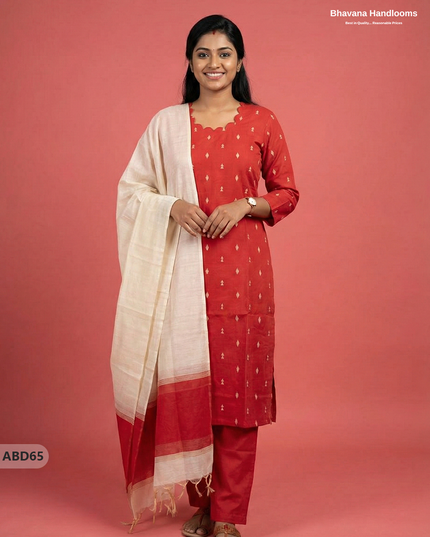Raw Silk 3-Piece Kurti Set – Red | Full Length Lining with Elastic Bottom