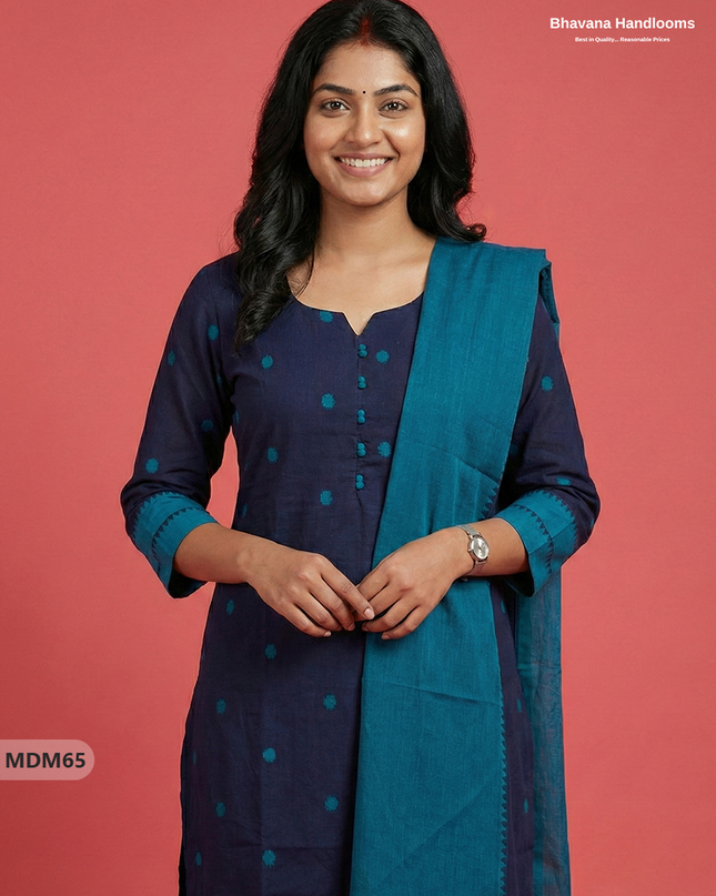 Mangalagiri Cotton 3PC Set with Full-Length Lining & Elastic Pocket Bottom – Indian Navy Blue