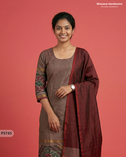 Pochampally Semi Pattu 3PC Kurti Set in Wine & Brown Colour | Ready-to-Wear Ethnic Wear