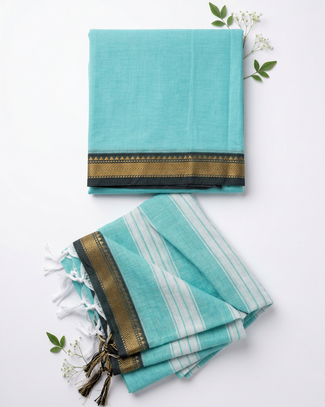 Traditional wear Narayanpet Mercerised cotton dress material with Cyan Blue colour