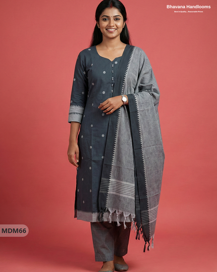 Mangalagiri Cotton 3PC Set with Full-Length Lining & Elastic Pocket Bottom – Indian Gray