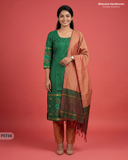 Pochampally Semi Pattu 3PC Kurti Set in Green Colour | Ready-to-Wear Ethnic Wear