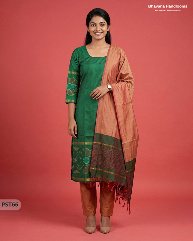 Pochampally Semi Pattu 3PC Kurti Set in Green Colour | Ready-to-Wear Ethnic Wear