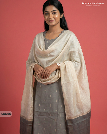 Raw Silk 3-Piece Kurti Set – Gray | Full Length Lining with Elastic Bottom