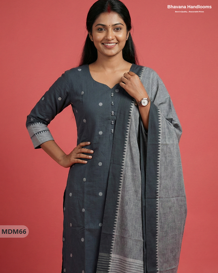 Mangalagiri Cotton 3PC Set with Full-Length Lining & Elastic Pocket Bottom – Indian Gray