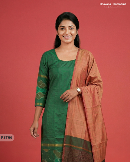 Pochampally Semi Pattu 3PC Kurti Set in Green Colour | Ready-to-Wear Ethnic Wear