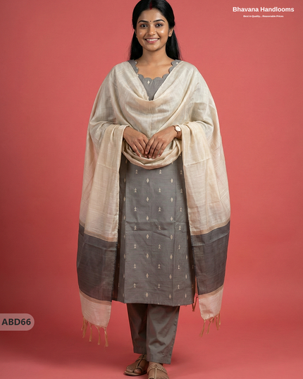 Raw Silk 3-Piece Kurti Set – Gray | Full Length Lining with Elastic Bottom
