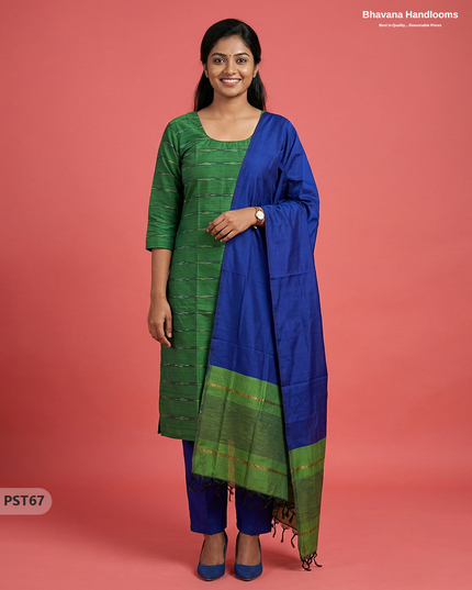 Pochampally Semi Pattu 3PC Kurti Set in Green Colour | Ready-to-Wear Ethnic Wear