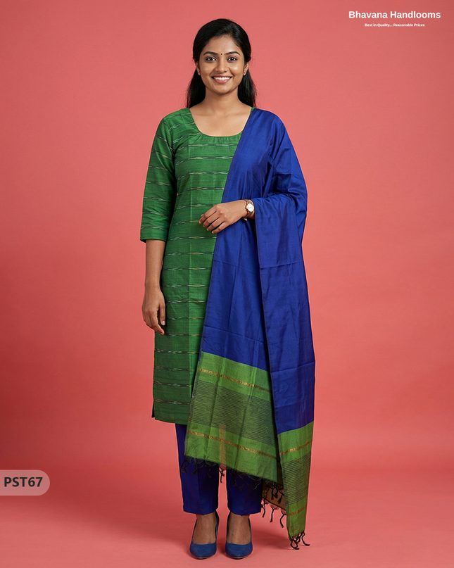 Pochampally Semi Pattu 3PC Kurti Set in Green Colour | Ready-to-Wear Ethnic Wear