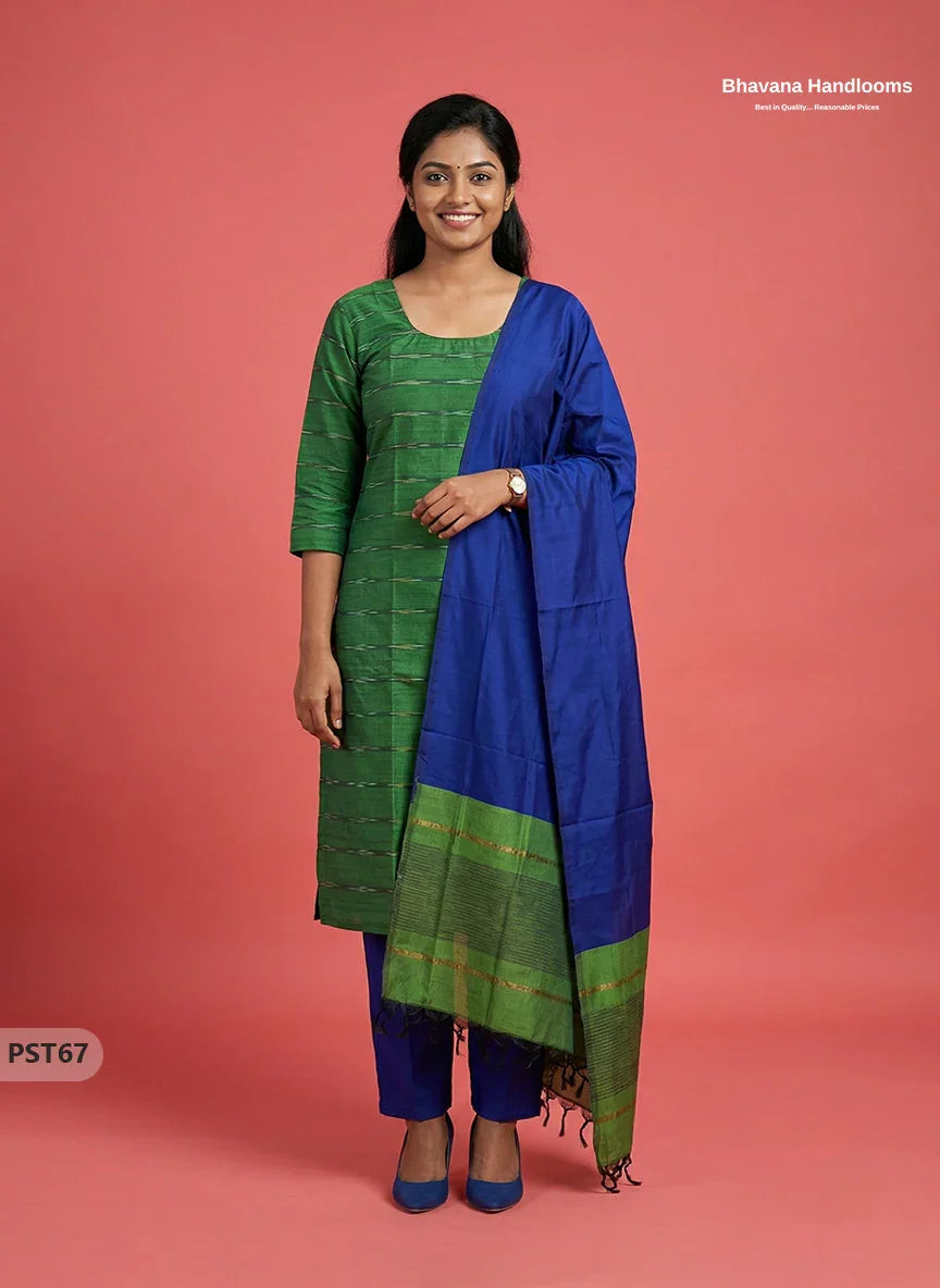 Pochampally Semi Pattu 3PC Kurti Set in Green Colour | Ready-to-Wear Ethnic Wear