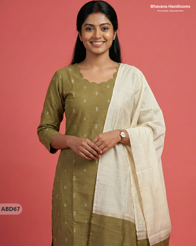 Raw Silk 3-Piece Kurti Set – Pesara Green | Full Length Lining with Elastic Bottom