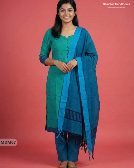 Mangalagiri Cotton 3PC Set with Full-Length Lining & Elastic Pocket Bottom – Indian Sea Blue