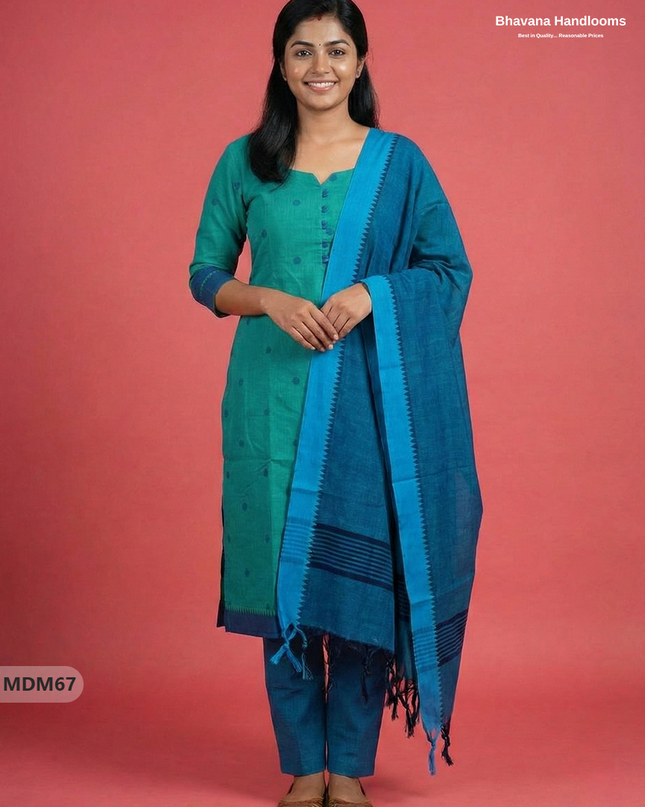 Mangalagiri Cotton 3PC Set with Full-Length Lining & Elastic Pocket Bottom – Indian Sea Blue
