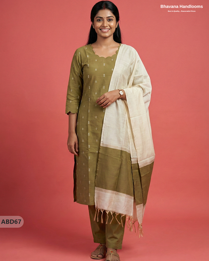 Raw Silk 3-Piece Kurti Set – Pesara Green | Full Length Lining with Elastic Bottom