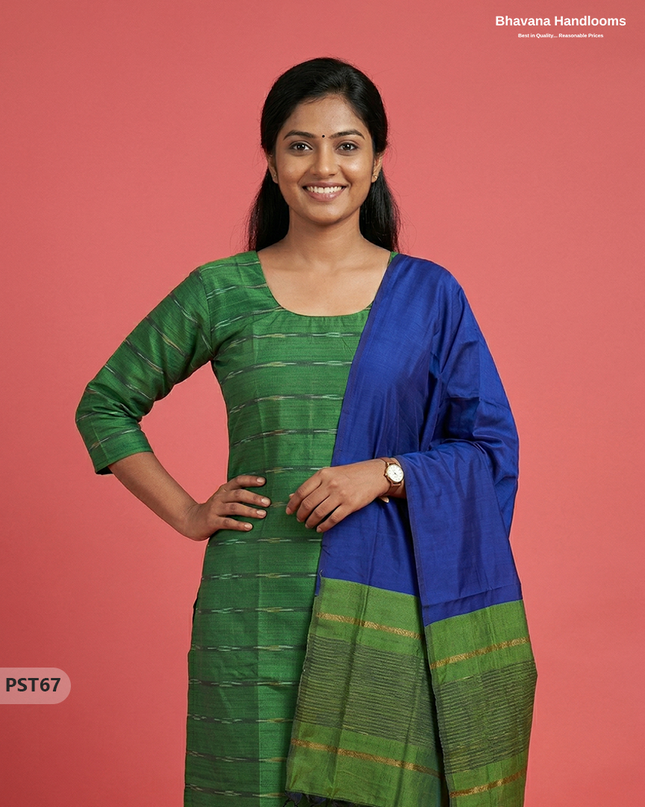Pochampally Semi Pattu 3PC Kurti Set in Green Colour | Ready-to-Wear Ethnic Wear