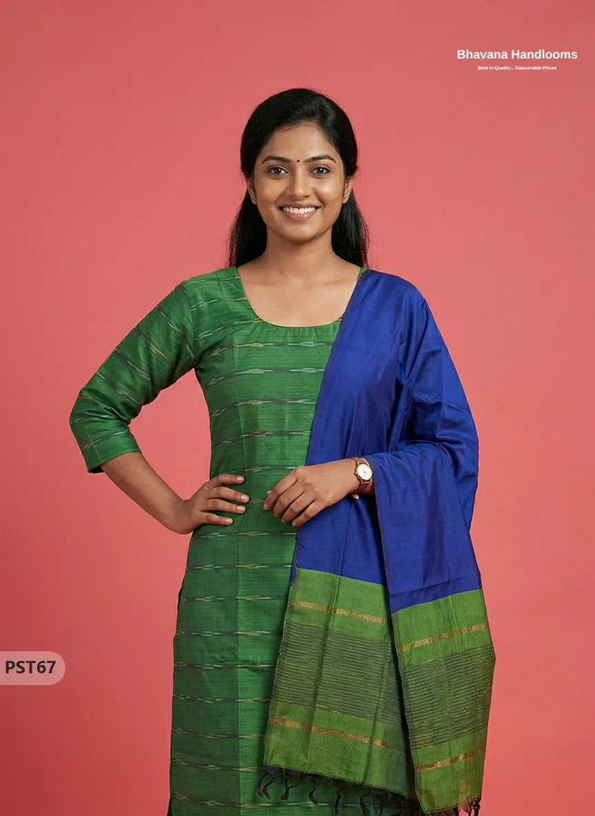 Pochampally Semi Pattu 3PC Kurti Set in Green Colour | Ready-to-Wear Ethnic Wear