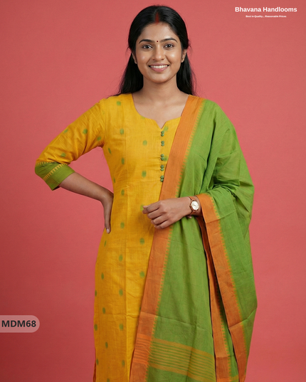 Mangalagiri Cotton 3PC Set with Full-Length Lining & Elastic Pocket Bottom – Indian Yellow