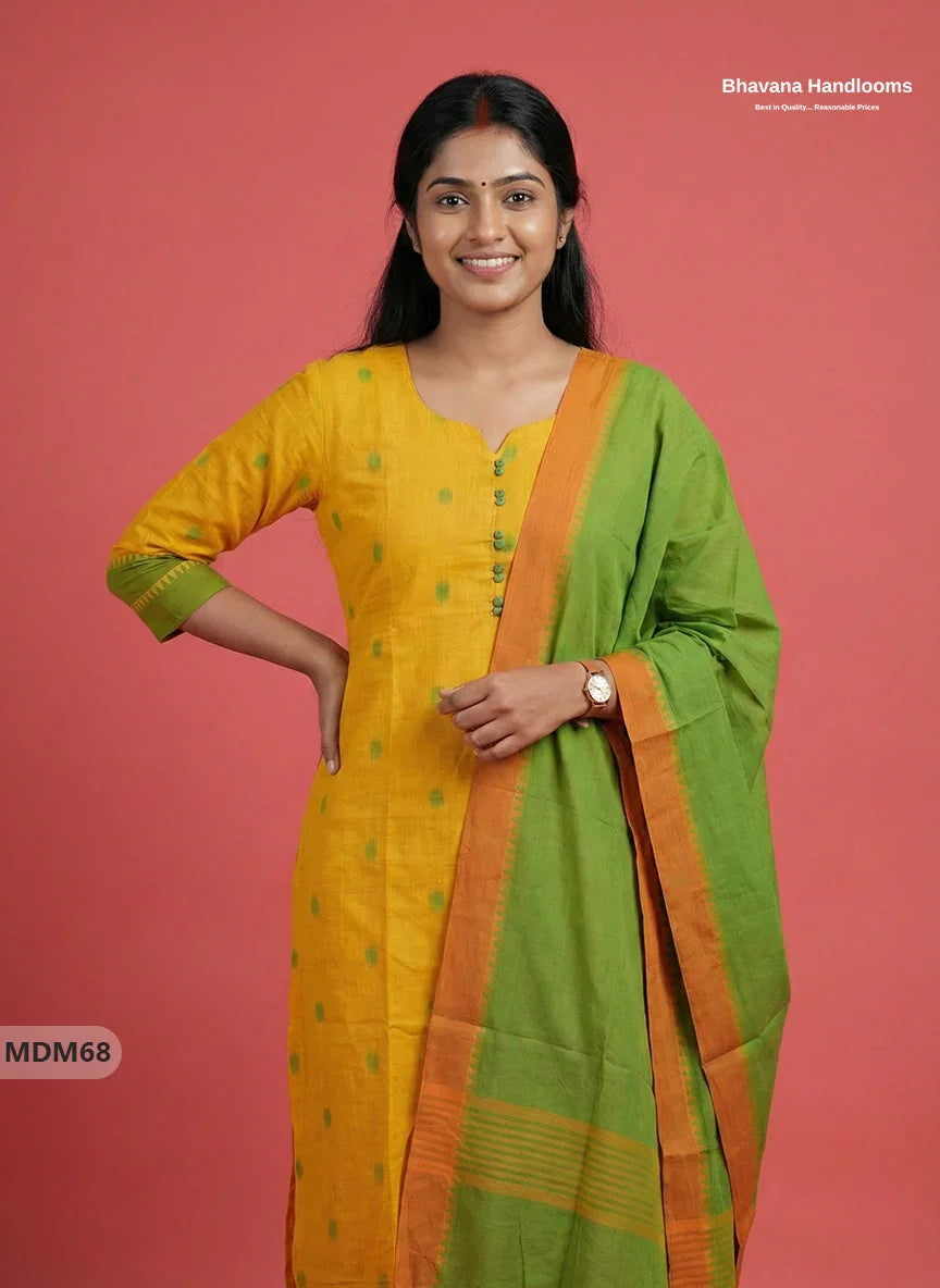 Mangalagiri Cotton 3PC Set with Full-Length Lining & Elastic Pocket Bottom – Indian Yellow
