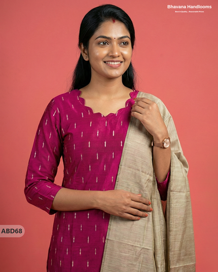 Raw Silk 3-Piece Kurti Set – Pink | Full Length Lining with Elastic Bottom