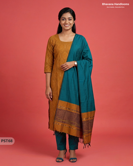 Pochampally Semi Pattu 3PC Kurti Set in Brown Colour | Ready-to-Wear Ethnic Wear