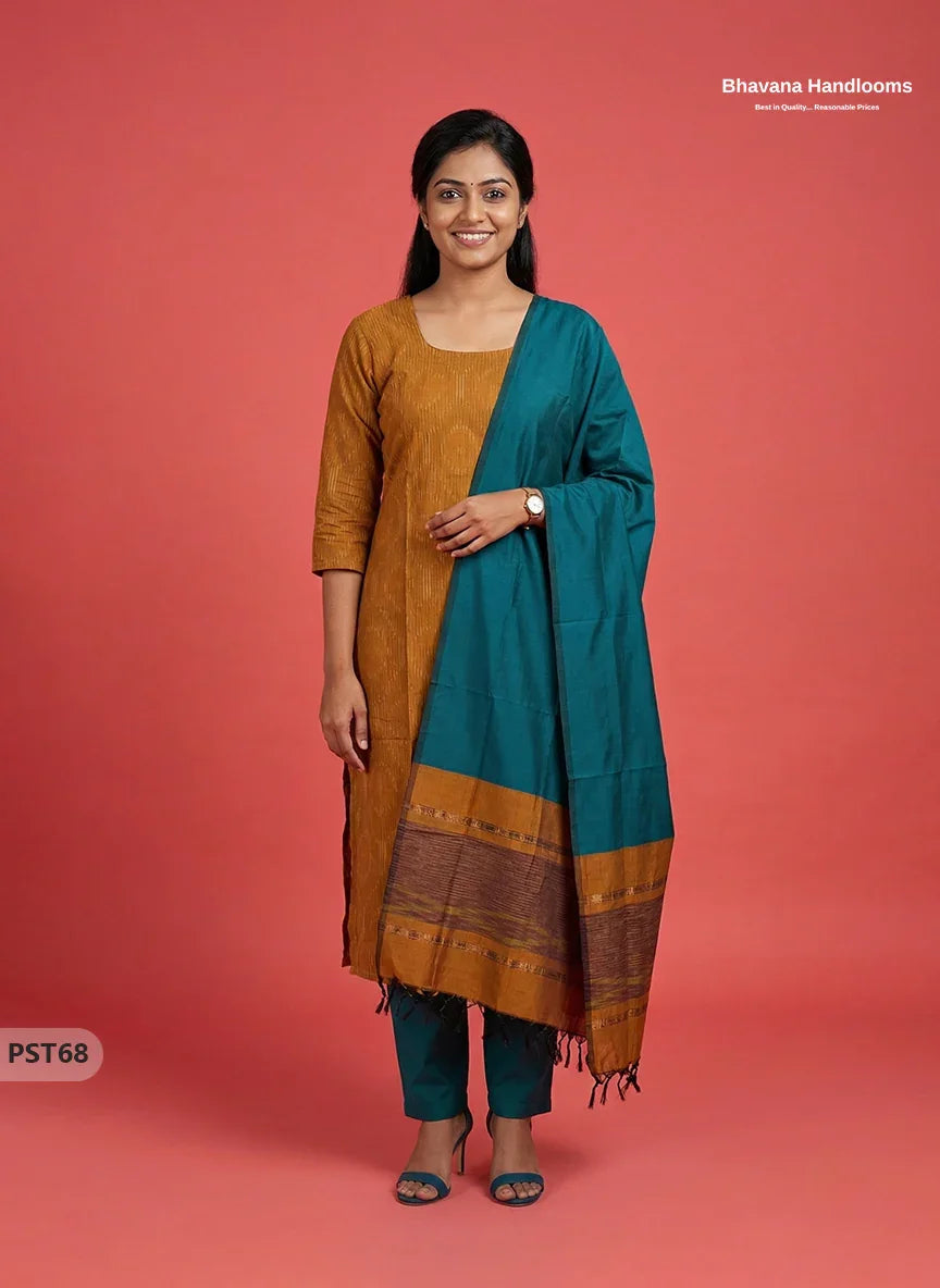Pochampally Semi Pattu 3PC Kurti Set in Brown Colour | Ready-to-Wear Ethnic Wear