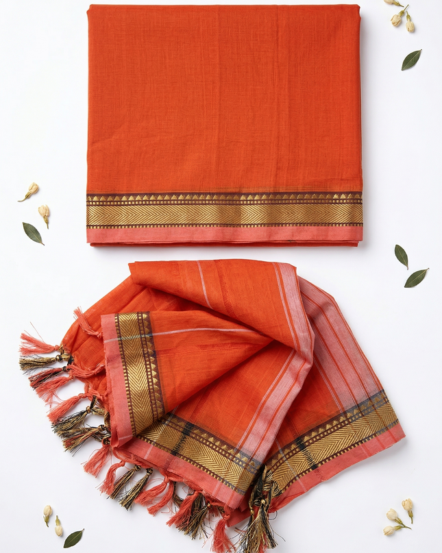 Traditional wear Narayanpet Mercerised cotton dress material with Orange colour