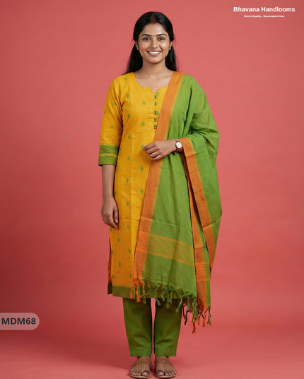 Mangalagiri Cotton 3PC Set with Full-Length Lining & Elastic Pocket Bottom – Indian Yellow