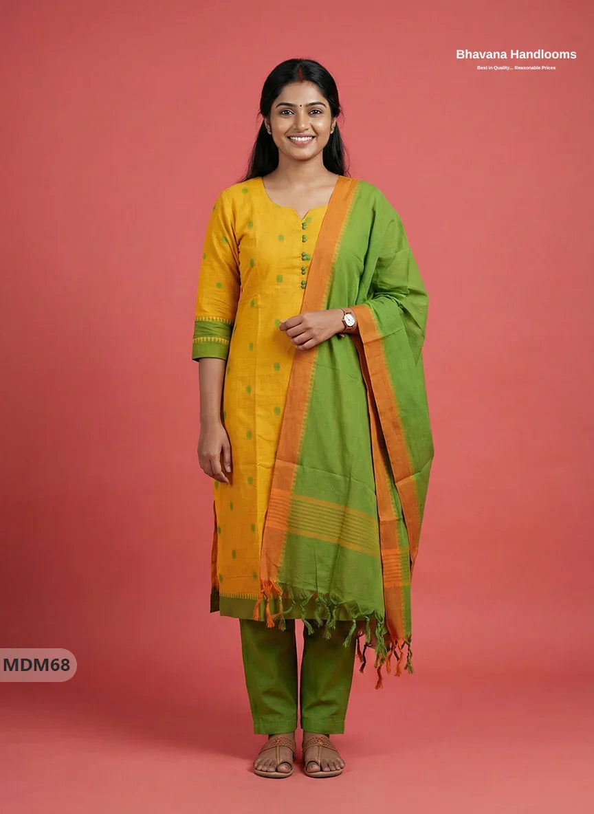 Mangalagiri Cotton 3PC Set with Full-Length Lining & Elastic Pocket Bottom – Indian Yellow