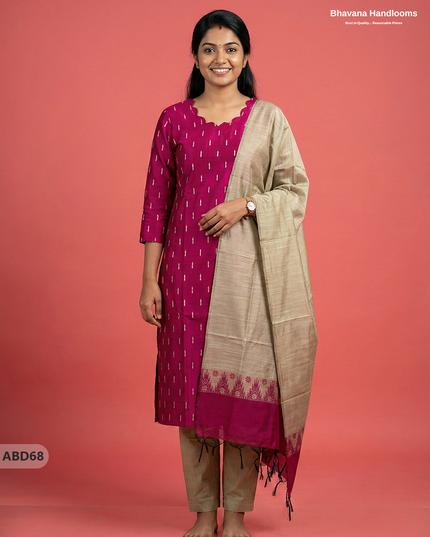Raw Silk 3-Piece Kurti Set – Pink | Full Length Lining with Elastic Bottom