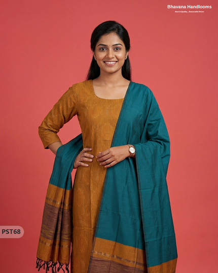 Pochampally Semi Pattu 3PC Kurti Set in Brown Colour | Ready-to-Wear Ethnic Wear