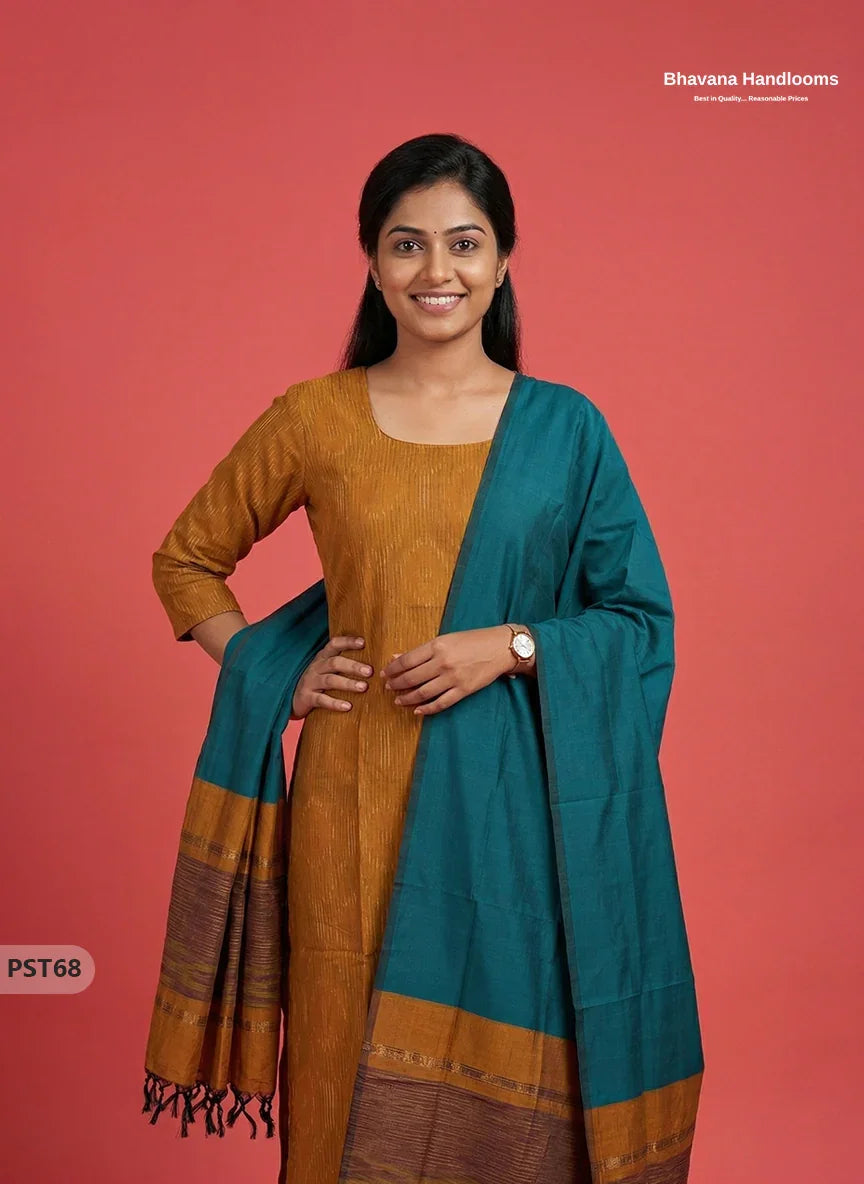 Pochampally Semi Pattu 3PC Kurti Set in Brown Colour | Ready-to-Wear Ethnic Wear
