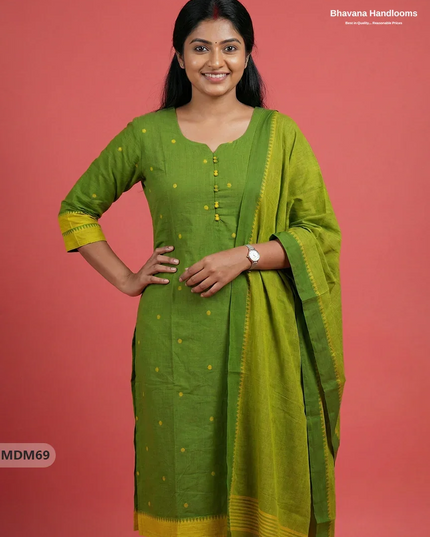 Mangalagiri Cotton 3PC Set with Full-Length Lining & Elastic Pocket Bottom – Indian Green