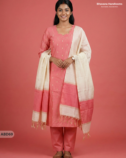 Raw Silk 3-Piece Kurti Set – Baby Pink | Full Length Lining with Elastic Bottom