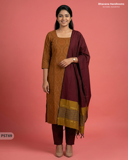 Pochampally Semi Pattu 3PC Kurti Set in Brown Colour | Ready-to-Wear Ethnic Wear