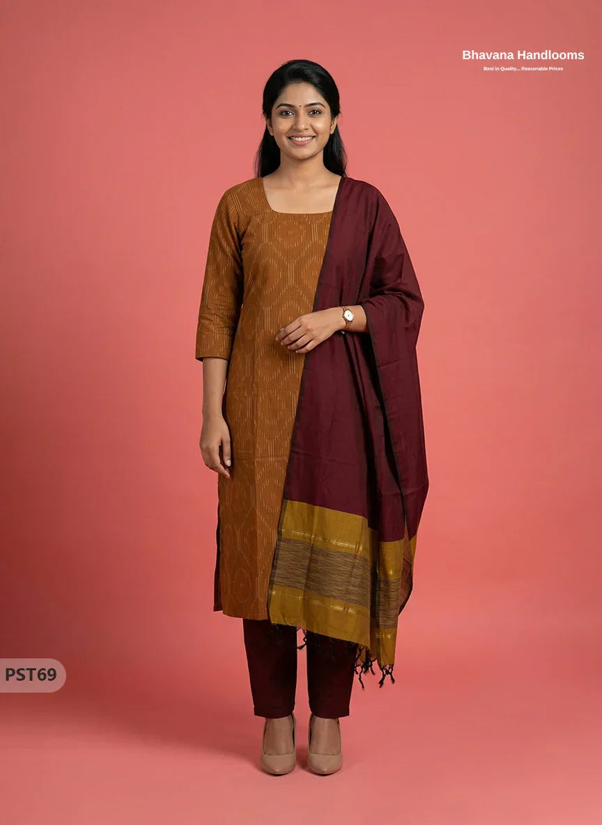 Pochampally Semi Pattu 3PC Kurti Set in Brown Colour | Ready-to-Wear Ethnic Wear