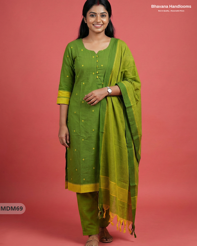 Mangalagiri Cotton 3PC Set with Full-Length Lining & Elastic Pocket Bottom – Indian Green