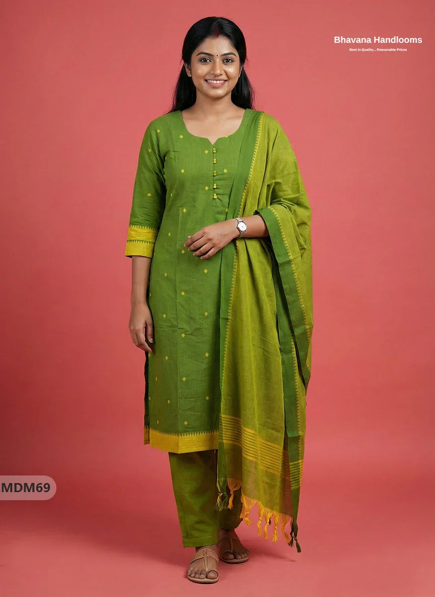 Mangalagiri Cotton 3PC Set with Full-Length Lining & Elastic Pocket Bottom – Indian Green