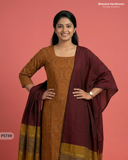 Pochampally Semi Pattu 3PC Kurti Set in Brown Colour | Ready-to-Wear Ethnic Wear