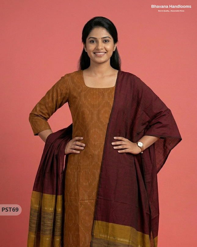 Pochampally Semi Pattu 3PC Kurti Set in Brown Colour | Ready-to-Wear Ethnic Wear