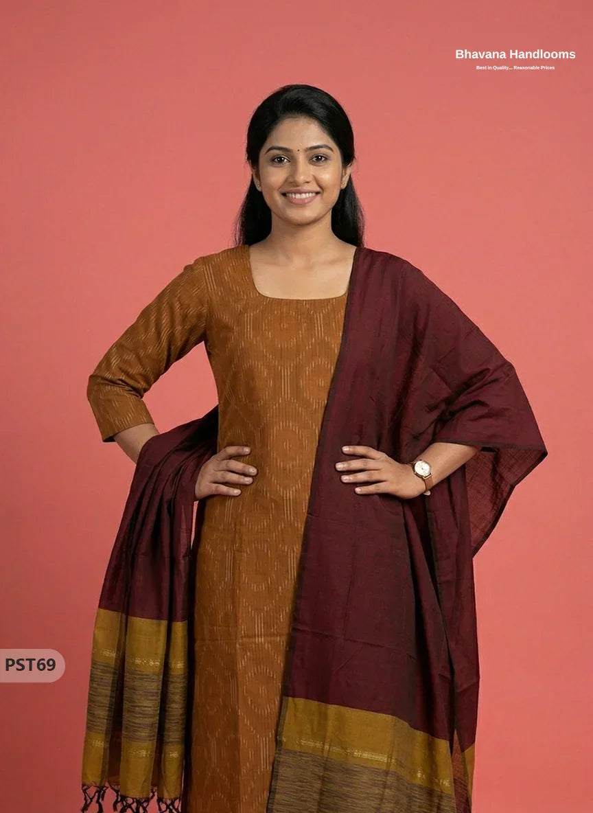 Pochampally Semi Pattu 3PC Kurti Set in Brown Colour | Ready-to-Wear Ethnic Wear