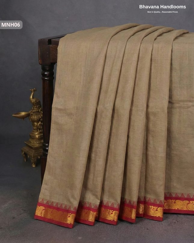 Mini Gadwal Cotton Saree in Brown with Small Zari Border | Without Blouse