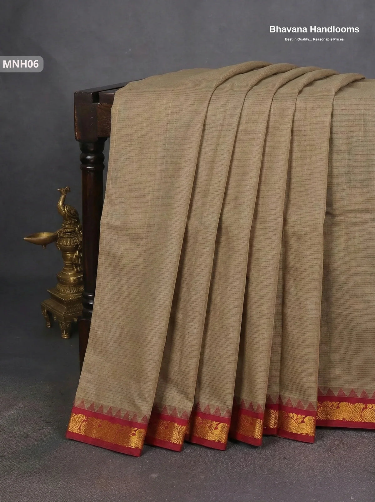 Mini Gadwal Cotton Saree in Brown with Small Zari Border | Without Blouse