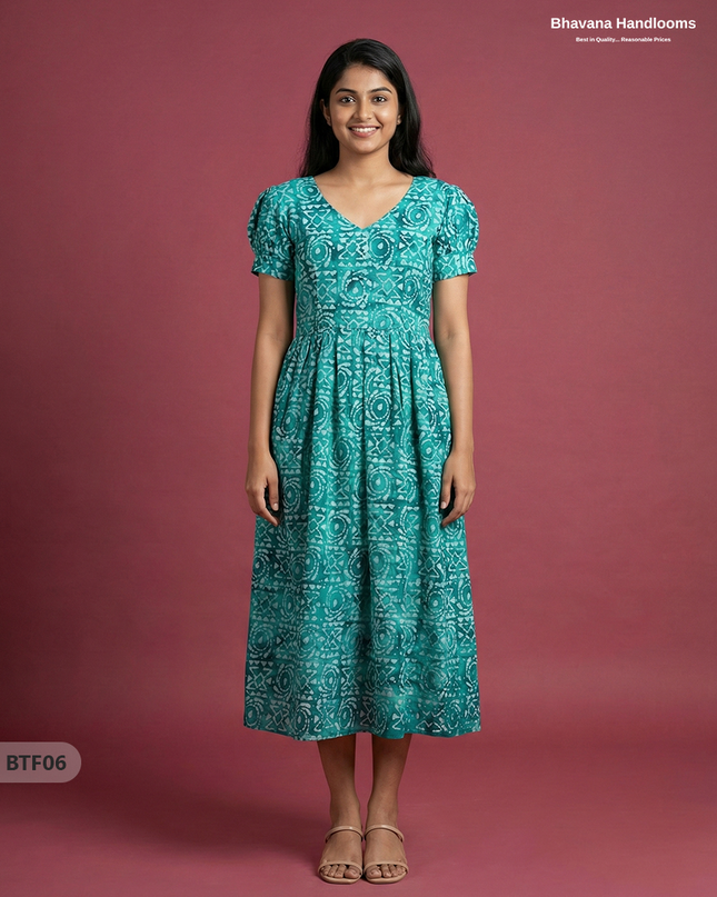 Handmade Batik Frock with Natural Dye – Potli Ball Neck Design Sea Green Colour