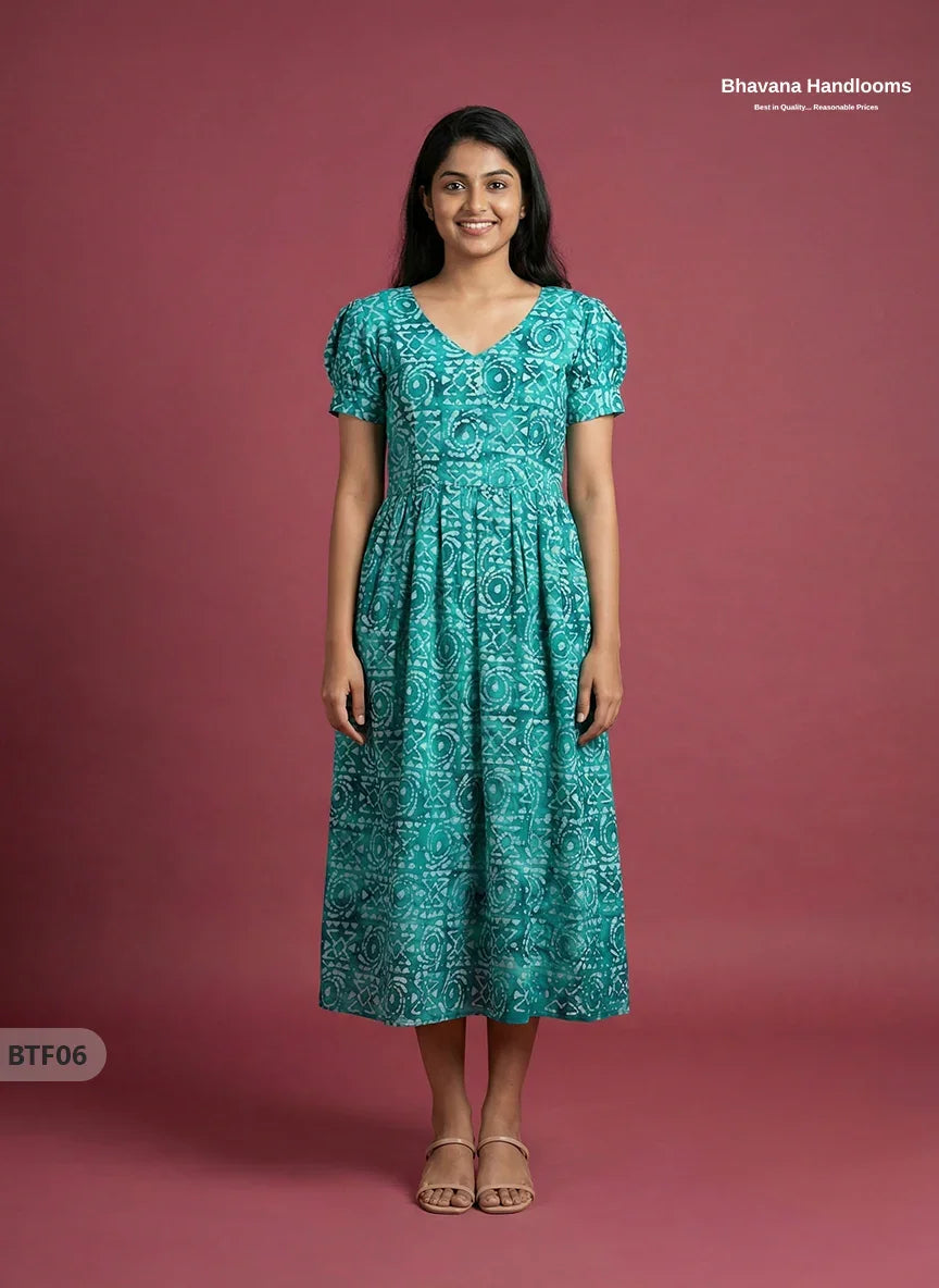 Handmade Batik Frock with Natural Dye – Potli Ball Neck Design Sea Green Colour